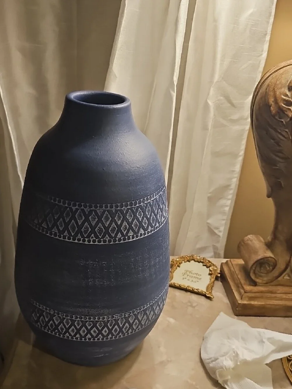 Textured Tribal  Denim Like Blue Ceramic Decorative Vase  New 14